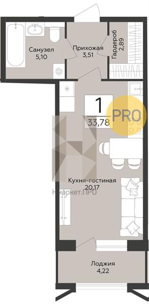 Квартира, 33.78 кв.м, 1/12 этаж