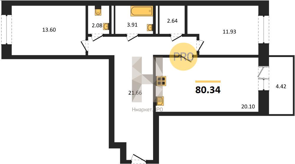 2—комн. квартира, 80.34 кв.м, 5/9 этаж