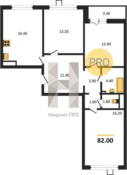 3—комн. квартира, 82 кв.м, 12/15 этаж