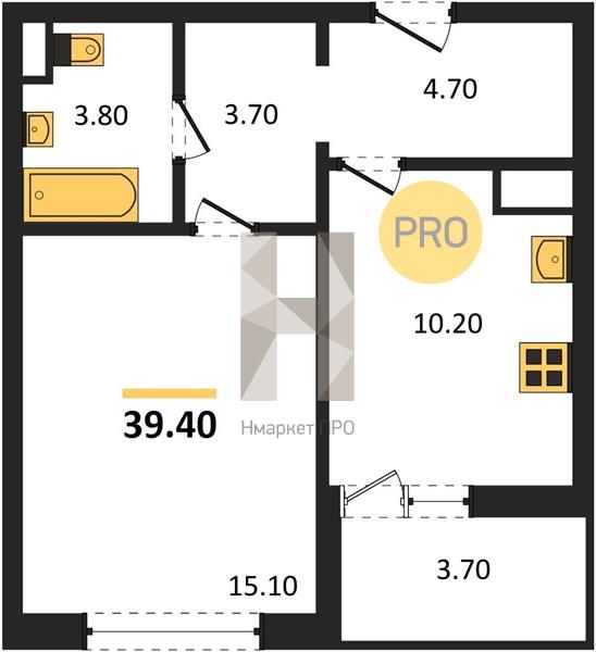 1—комн. квартира, 39.4 кв.м, 2/18 этаж