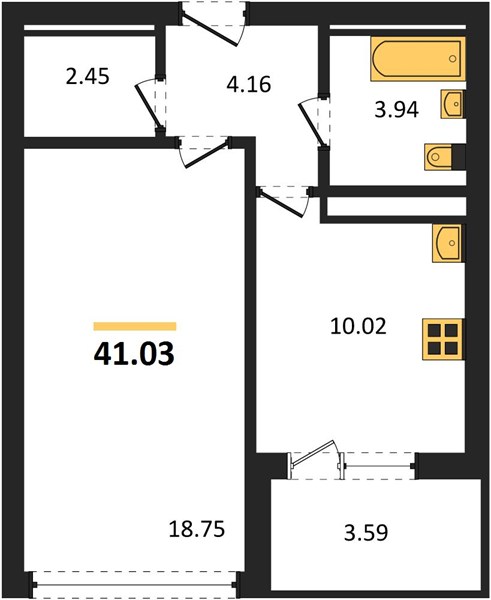 1—комн. квартира, 41.03 кв.м, 6/31 этаж