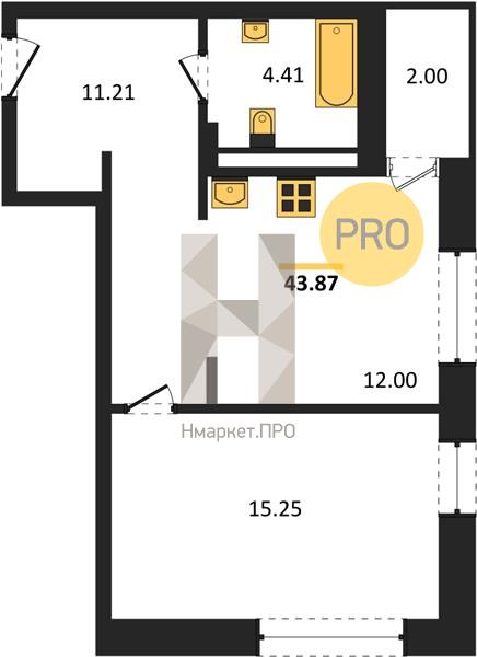 1—комн. квартира, 43.87 кв.м, 21/24 этаж