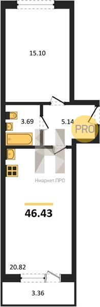 1—комн. квартира, 46.43 кв.м, 2/17 этаж