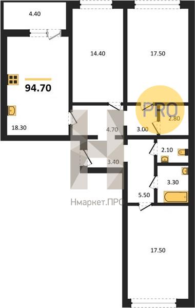 3—комн. квартира, 94.7 кв.м, 17/18 этаж