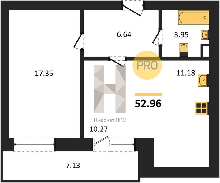 1—комн. квартира, 52.96 кв.м, 7/10 этаж