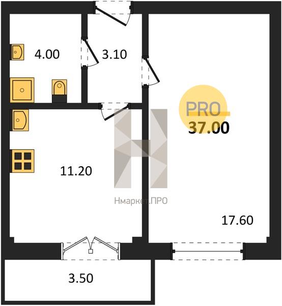 1—комн. квартира, 37 кв.м, 11/15 этаж