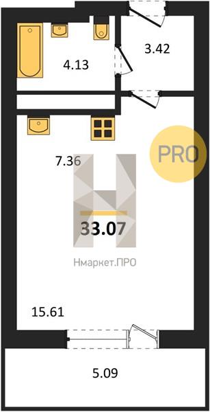 1—комн. квартира, 33.07 кв.м, 3/25 этаж