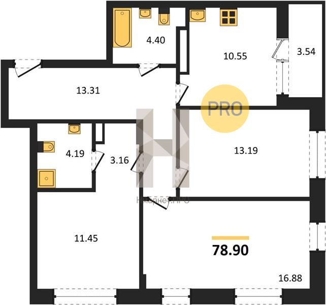 3—комн. квартира, 78.9 кв.м, 2/16 этаж