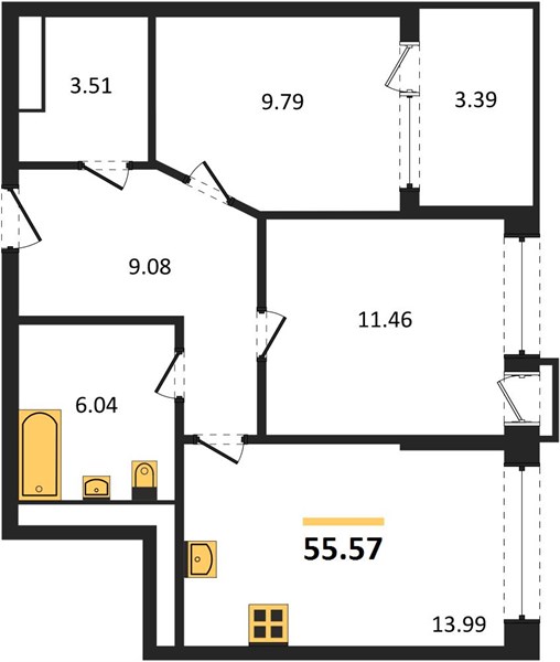 2—комн. квартира, 55.57 кв.м, 15/21 этаж