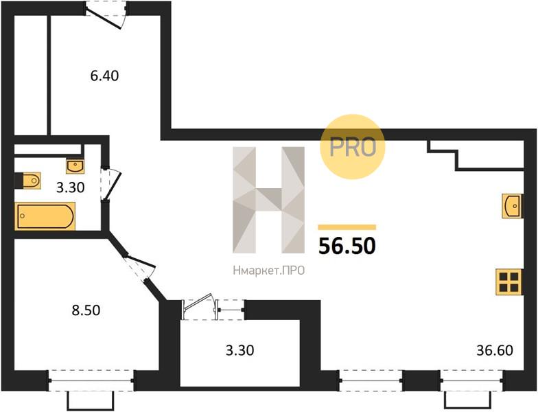 1—комн. квартира, 56.5 кв.м, 15/15 этаж
