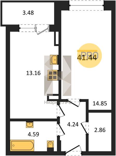 1—комн. квартира, 41.44 кв.м, 9/21 этаж