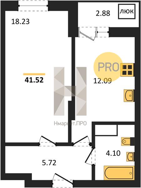 1—комн. квартира, 41.52 кв.м, 27/27 этаж