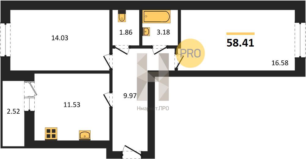2—комн. квартира, 58.7 кв.м, 4/17 этаж