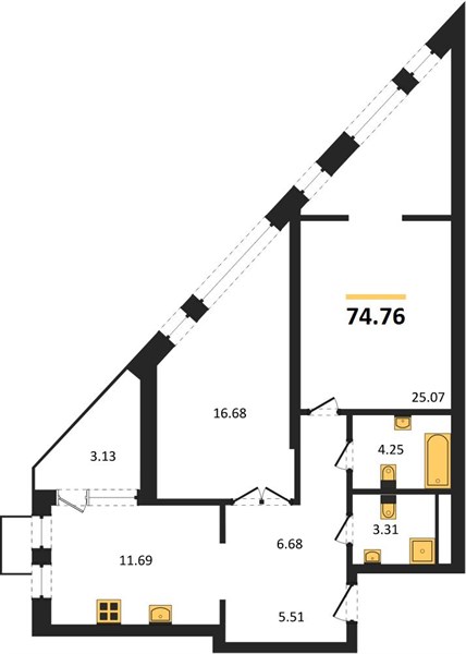 2—комн. квартира, 74.76 кв.м, 9/21 этаж