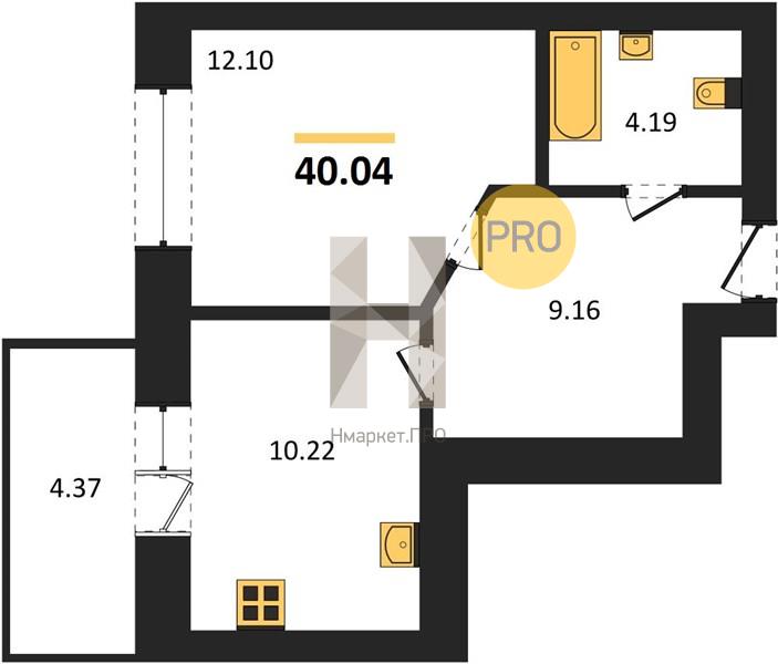 1—комн. квартира, 40.04 кв.м, 7/9 этаж