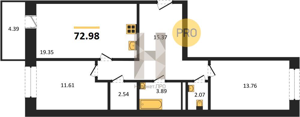 2—комн. квартира, 72.98 кв.м, 2/9 этаж
