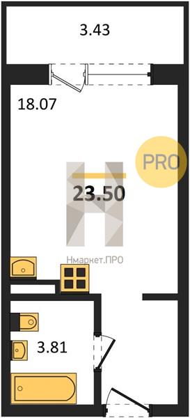 1—комн. квартира, 23.5 кв.м, 2/24 этаж