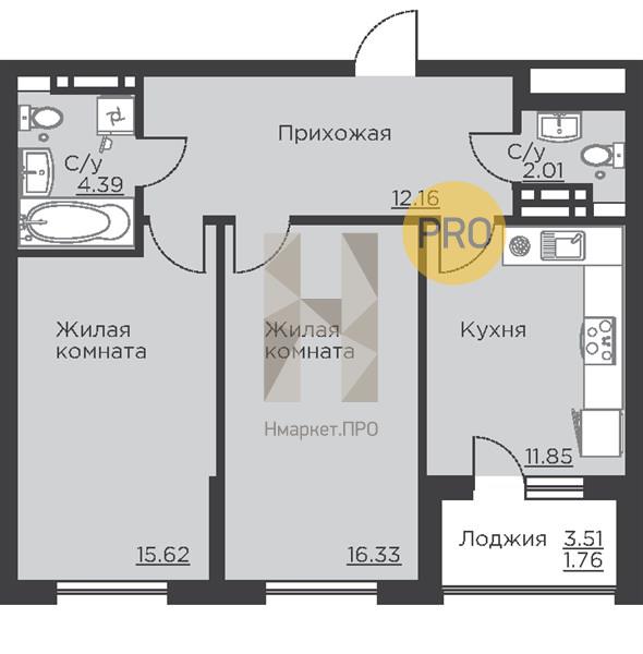 2—комн. квартира, 64.12 кв.м, 13/18 этаж