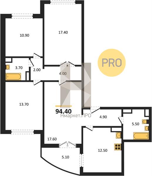 4—комн. квартира, 94.4 кв.м, 1/17 этаж