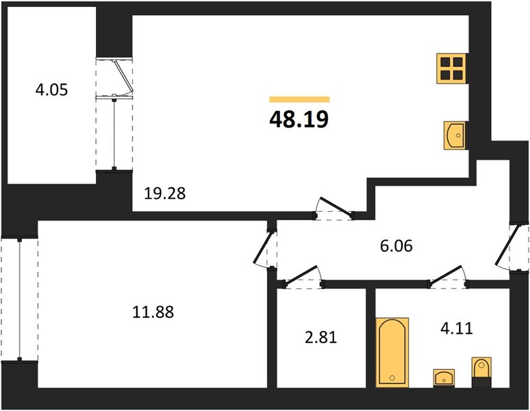 1—комн. квартира, 48.19 кв.м, 9/9 этаж