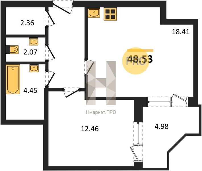 1—комн. квартира, 48.53 кв.м, 14/18 этаж
