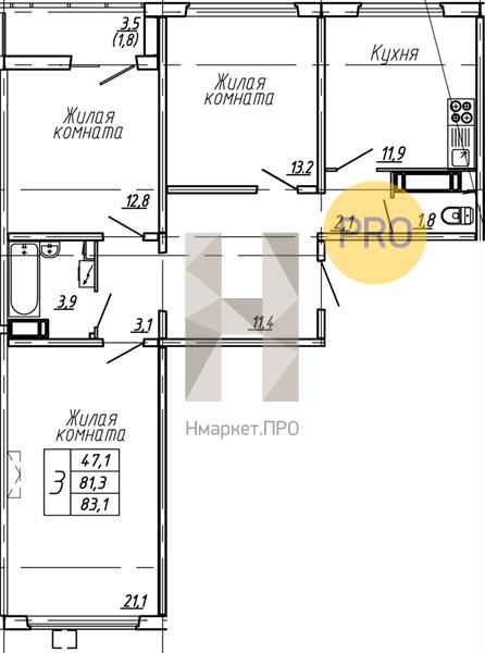 3—комн. квартира, 83.1 кв.м, 6/15 этаж