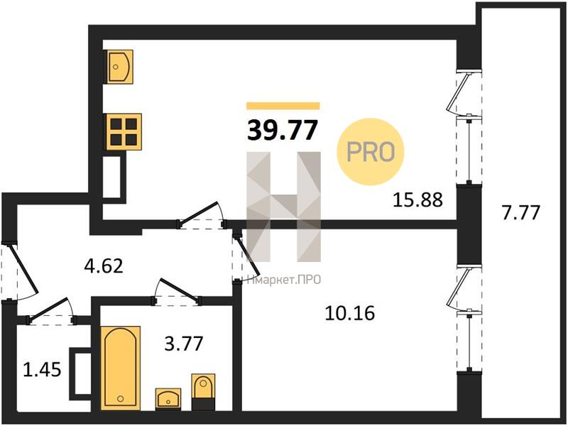 1—комн. квартира, 39.77 кв.м, 19/19 этаж