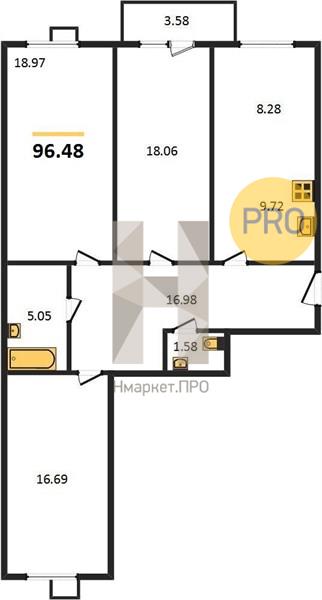 3—комн. квартира, 96.48 кв.м, 6/10 этаж