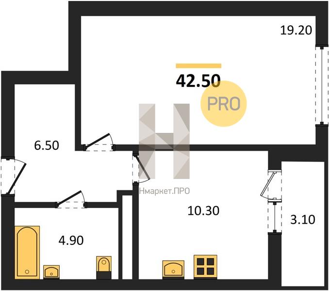 1—комн. квартира, 42.5 кв.м, 24/25 этаж