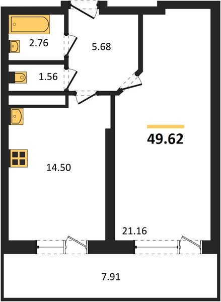 1—комн. квартира, 49.62 кв.м, 3/25 этаж