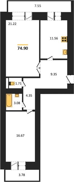 2—комн. квартира, 74.9 кв.м, 16/16 этаж