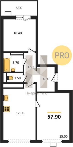 2—комн. квартира, 57.9 кв.м, 3/17 этаж