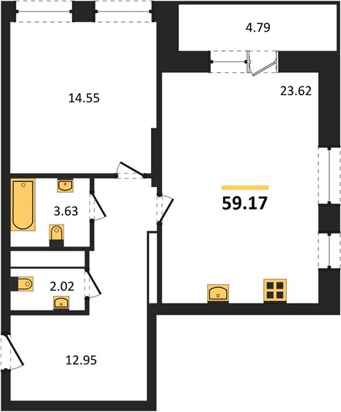 1—комн. квартира, 59.17 кв.м, 22/25 этаж