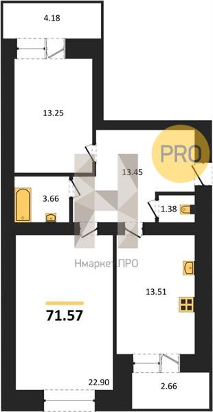 2—комн. квартира, 71.3 кв.м, 1/16 этаж