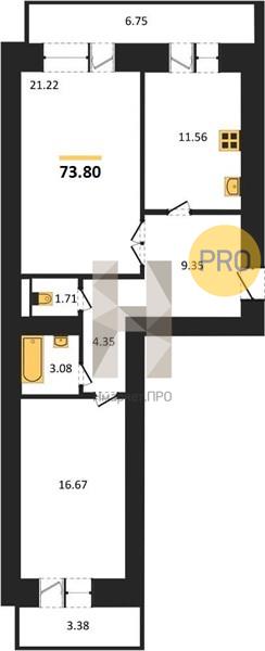 2—комн. квартира, 73.8 кв.м, 2/16 этаж