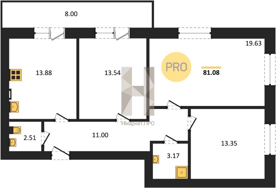 3—комн. квартира, 81.08 кв.м, 3/4 этаж