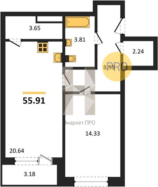 1—комн. квартира, 55.91 кв.м, 2/24 этаж