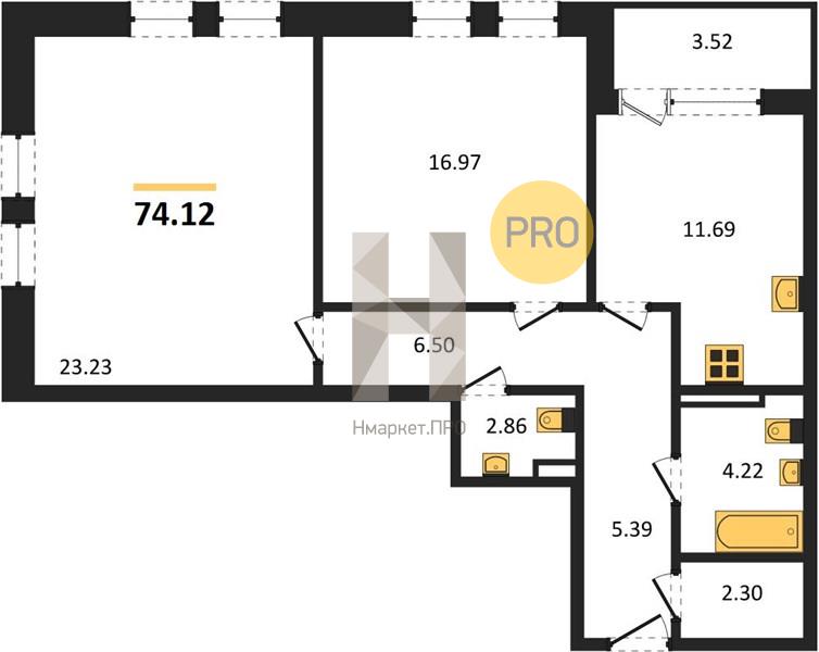2—комн. квартира, 74.12 кв.м, 4/21 этаж