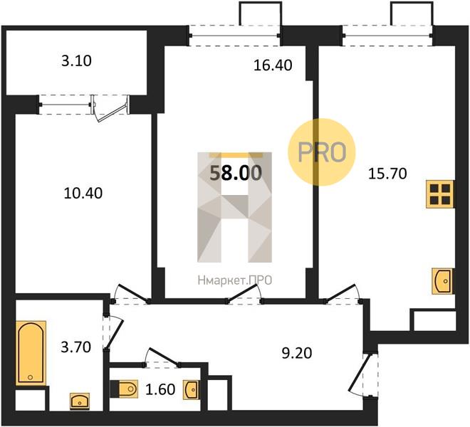 2—комн. квартира, 58 кв.м, 2/11 этаж