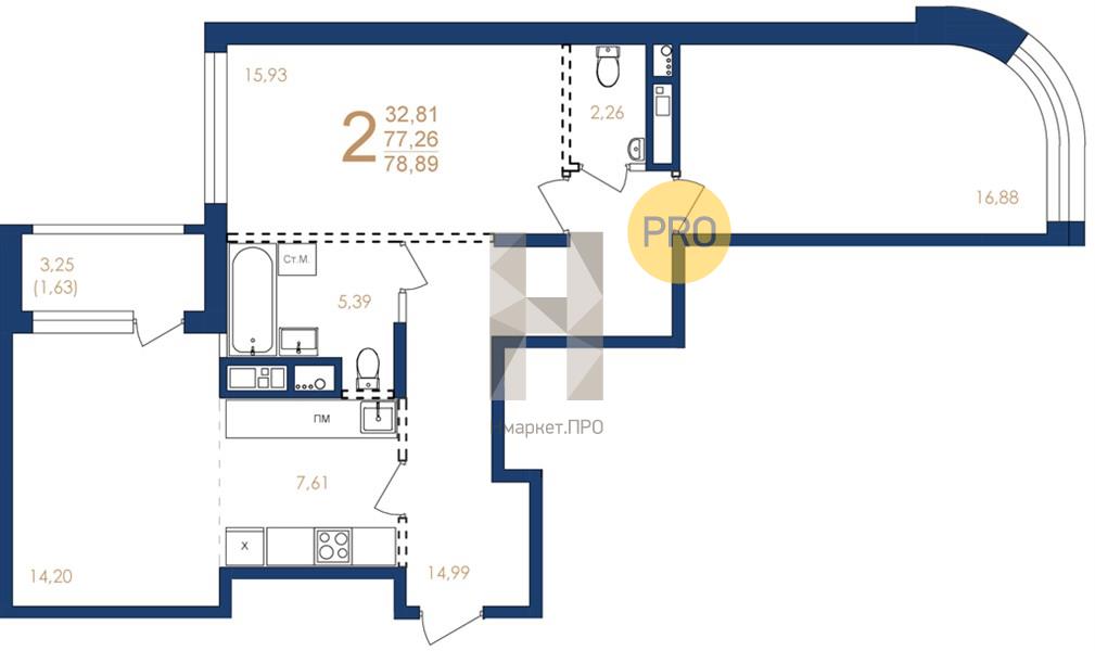 2—комн. квартира, 78.89 кв.м, 4/17 этаж