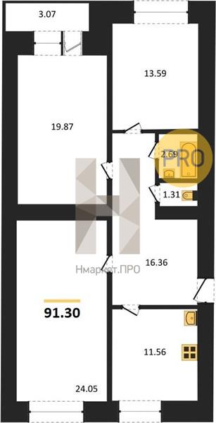 3—комн. квартира, 91.3 кв.м, 1/16 этаж