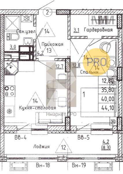 1—комн. квартира, 40 кв.м, 13/14 этаж