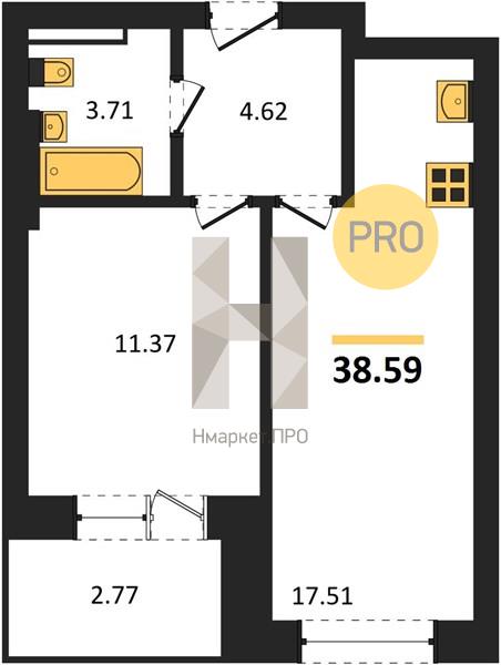 1—комн. квартира, 38.59 кв.м, 2/28 этаж