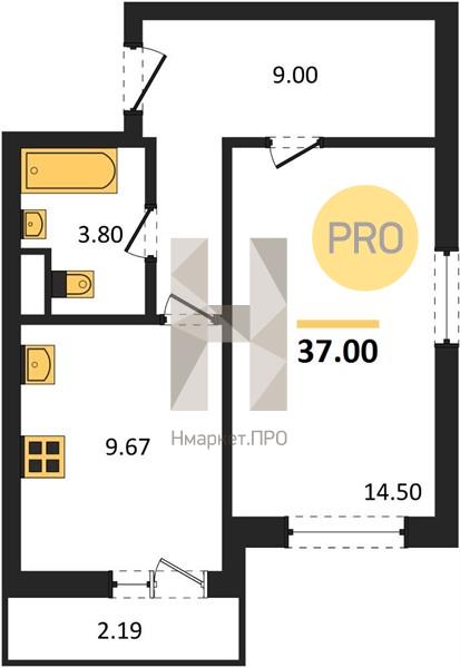 1—комн. квартира, 37 кв.м, 8/15 этаж