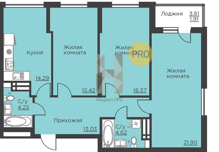 3—комн. квартира, 91.99 кв.м, 15/18 этаж