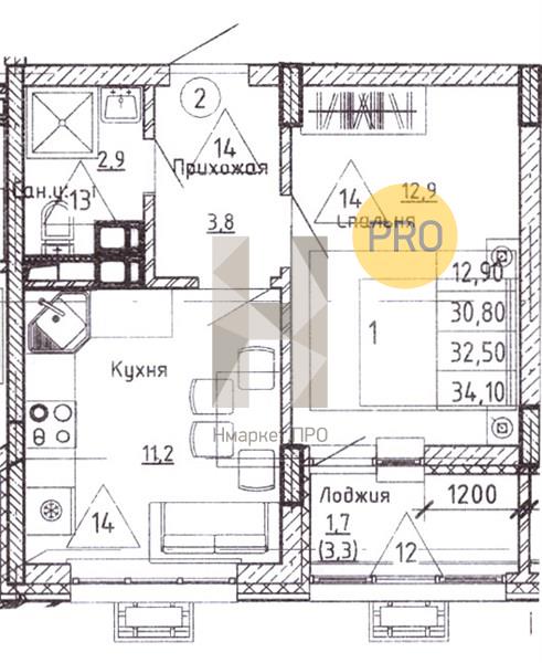 1—комн. квартира, 32.5 кв.м, 9/14 этаж