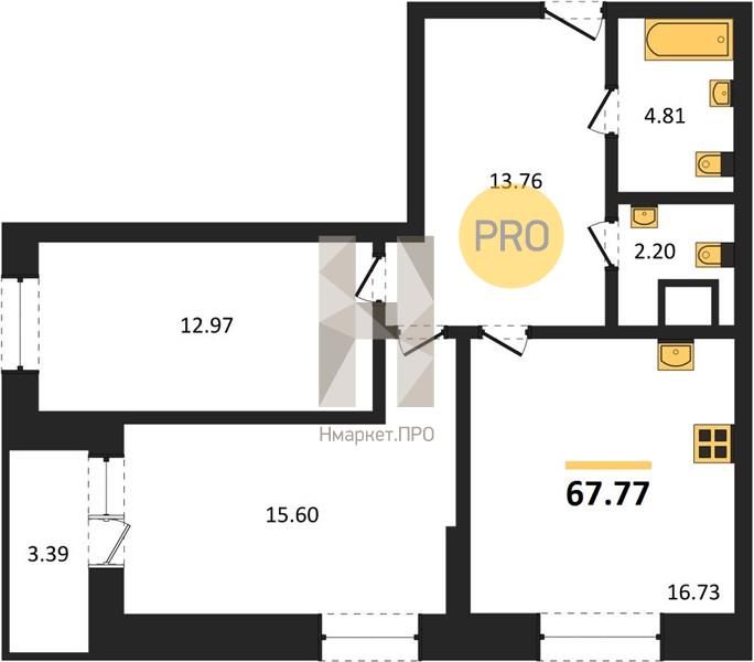 2—комн. квартира, 67.77 кв.м, 16/25 этаж