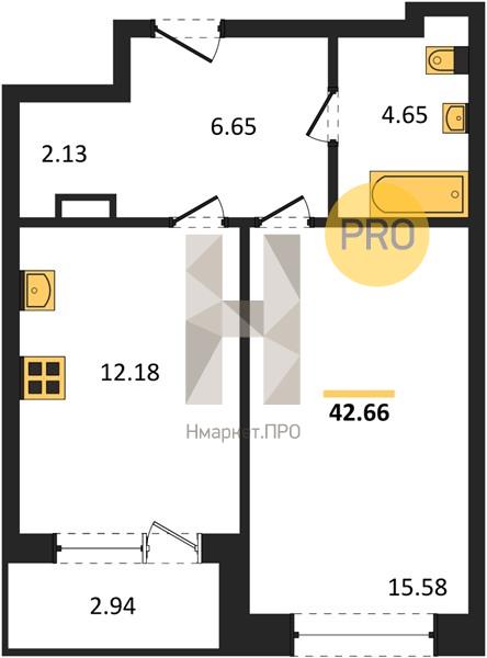 1—комн. квартира, 42.66 кв.м, 2/24 этаж