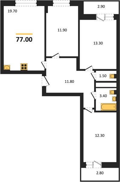 3—комн. квартира, 77 кв.м, 21/21 этаж