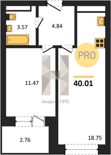 1—комн. квартира, 40.01 кв.м, 18/28 этаж